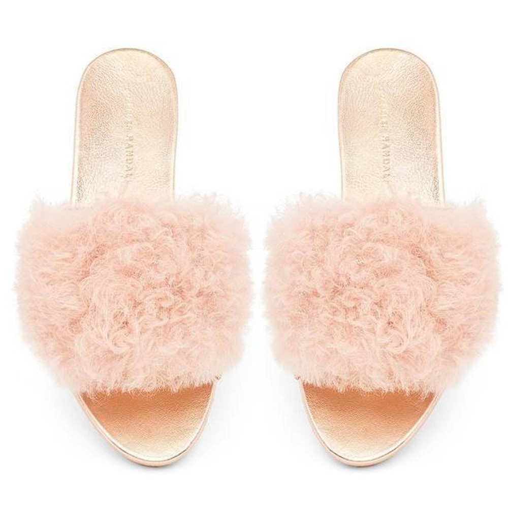 Loeffler Randall Domino Shearling Sheep Fur Flat Slides Pink / Rose Gold Sz- 8B